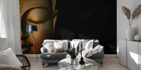 Decorative spiritual wallpaper mural with warm gold highlights.