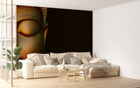 Statement buddha wall mural in rich metallic color wallpaper style.