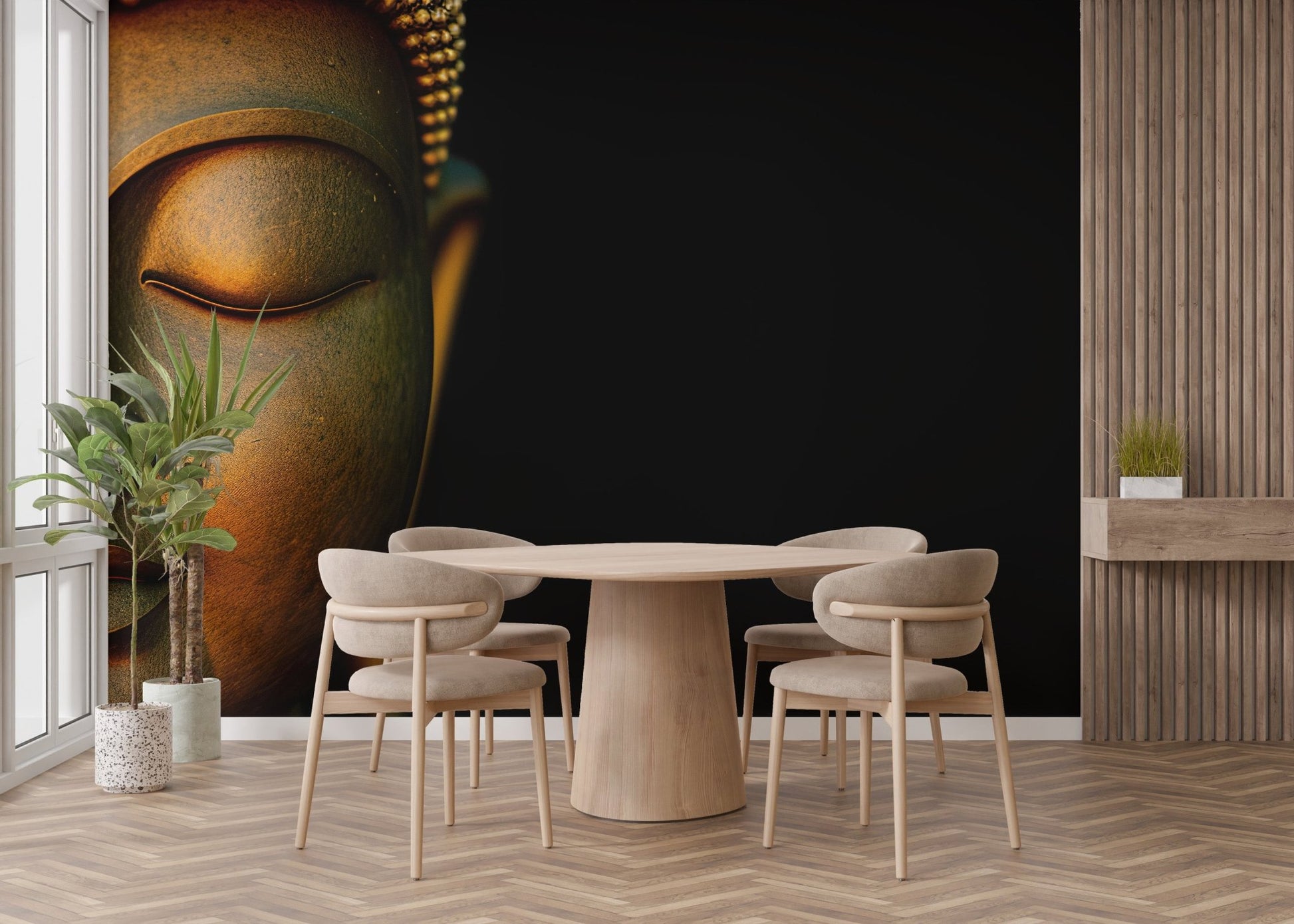 Buddha face wall mural in warm bronze color modern spiritual wallpaper.