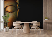 Buddha face wall mural in warm bronze color modern spiritual wallpaper.