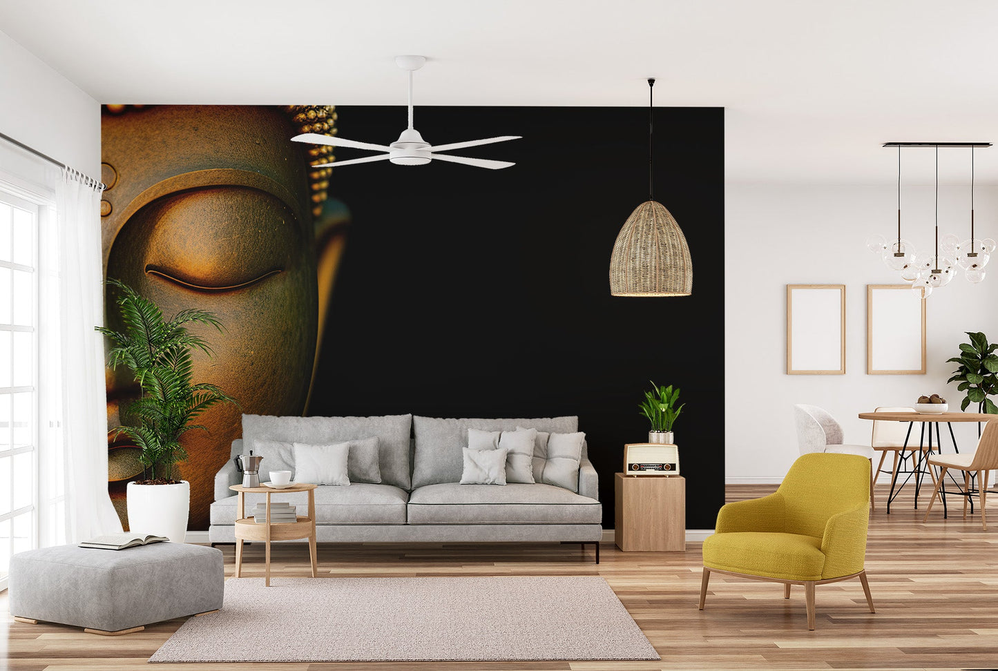 Golden textured buddha wallpaper mural with dramatic dark backdrop.