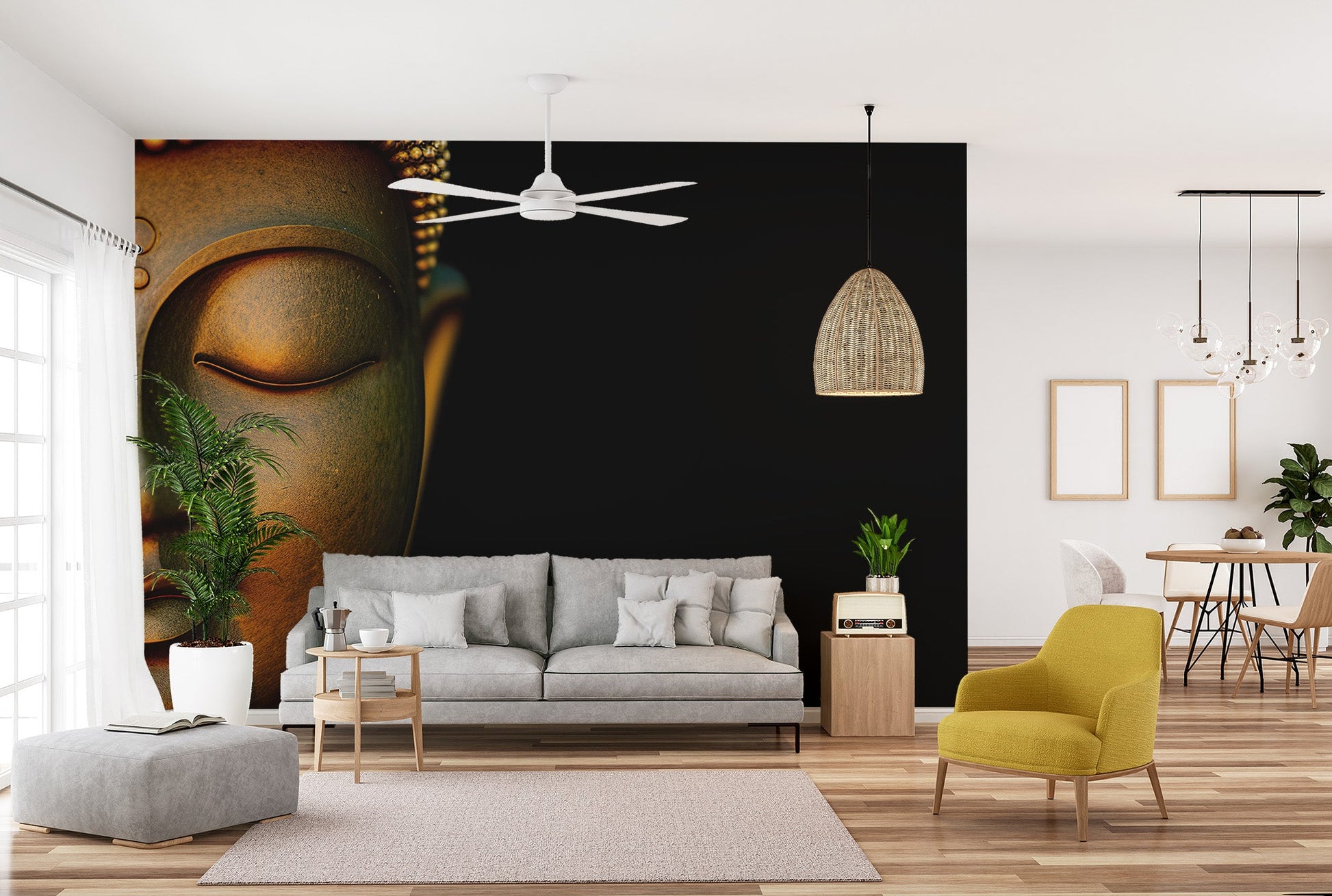 Golden textured buddha wallpaper mural with dramatic dark backdrop.
