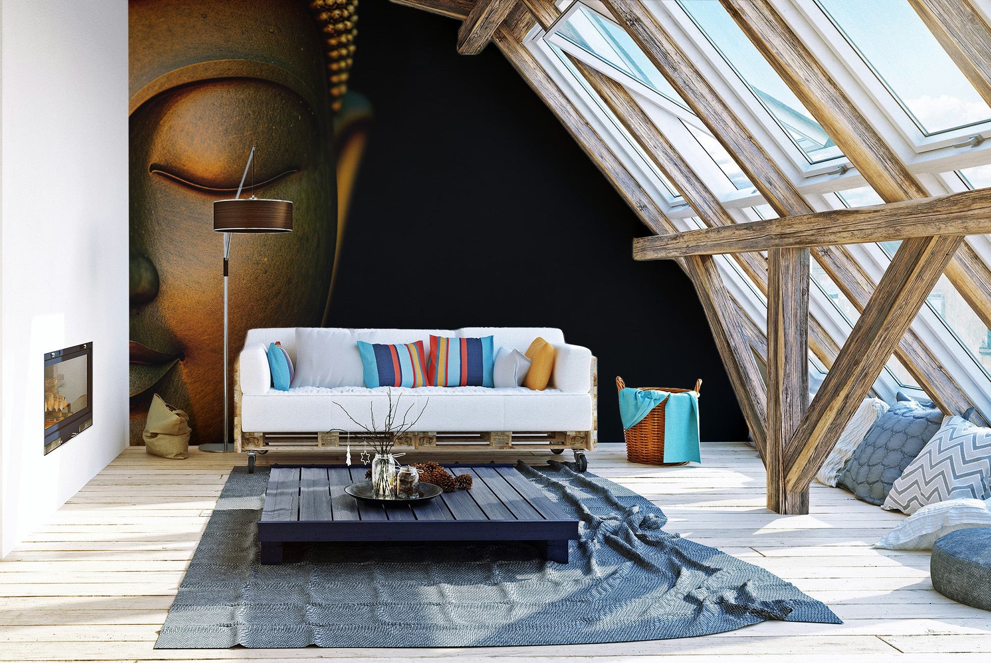 Minimal black and gold Buddha wallpaper for modern wall decor.