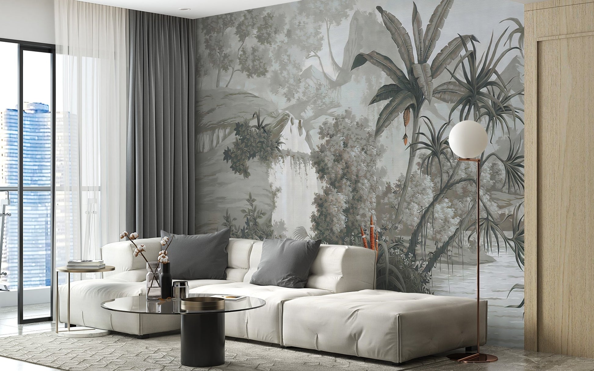 Serene Monotone Woodland Wallcoverings Murals in a modern living room setting.