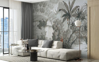 Serene Monotone Woodland Wallcoverings Murals in a modern living room setting.