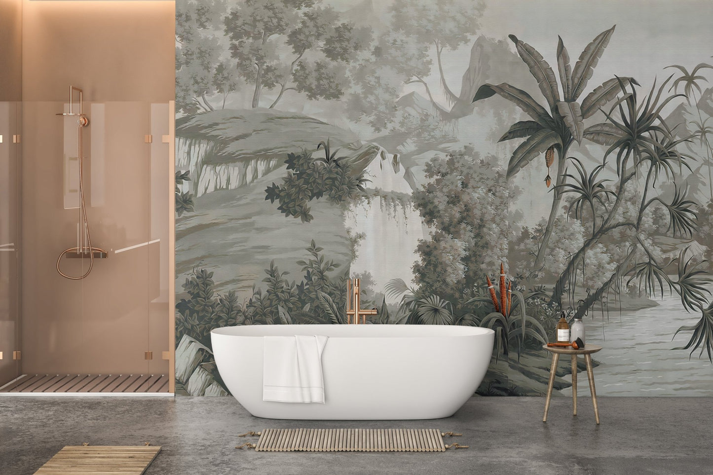 Monotone woodland wall mural for bathroom interiors
