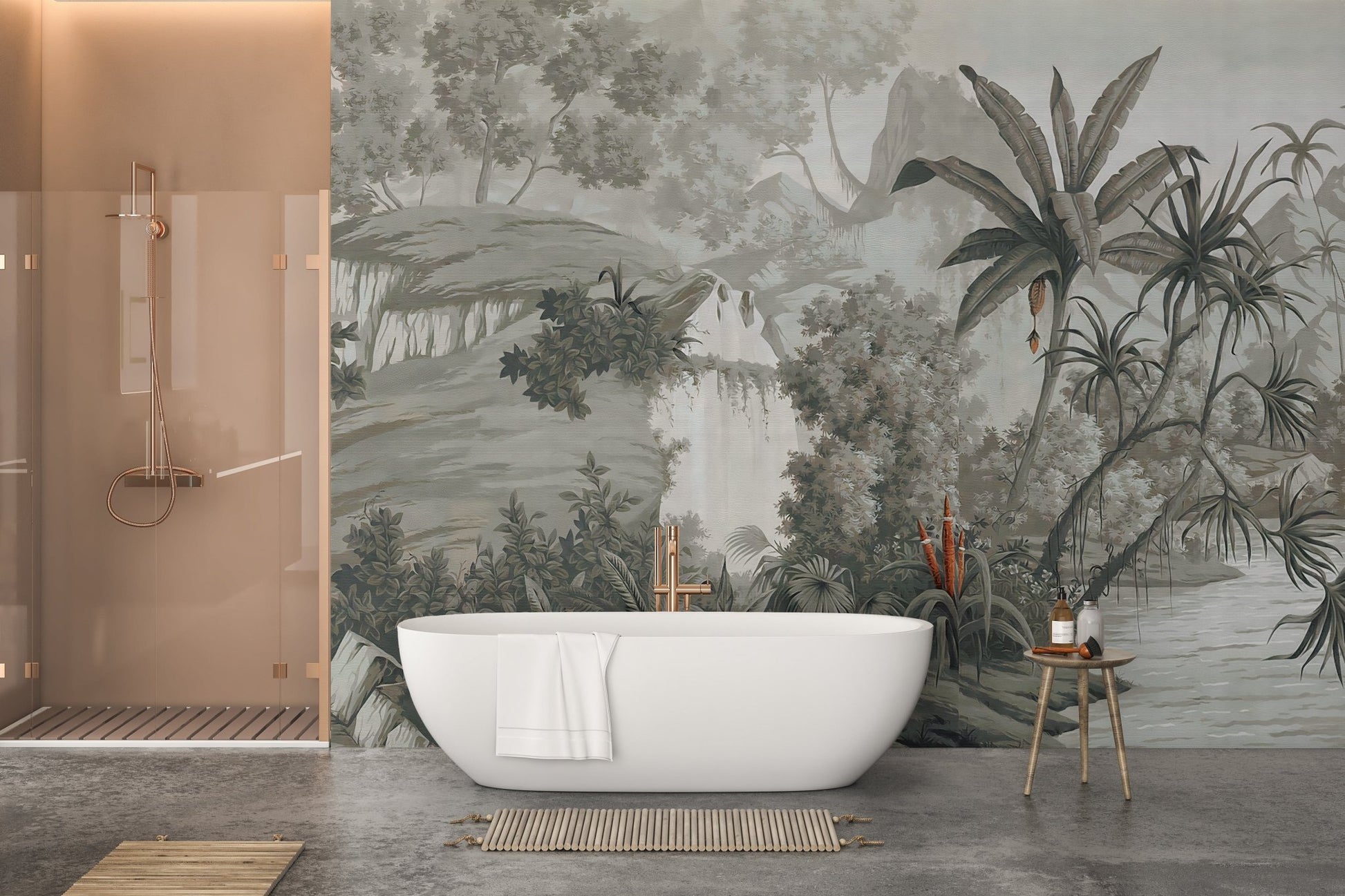 Monotone woodland wall mural for bathroom interiors
