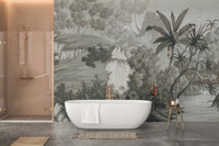 Monotone woodland wall mural for bathroom interiors

