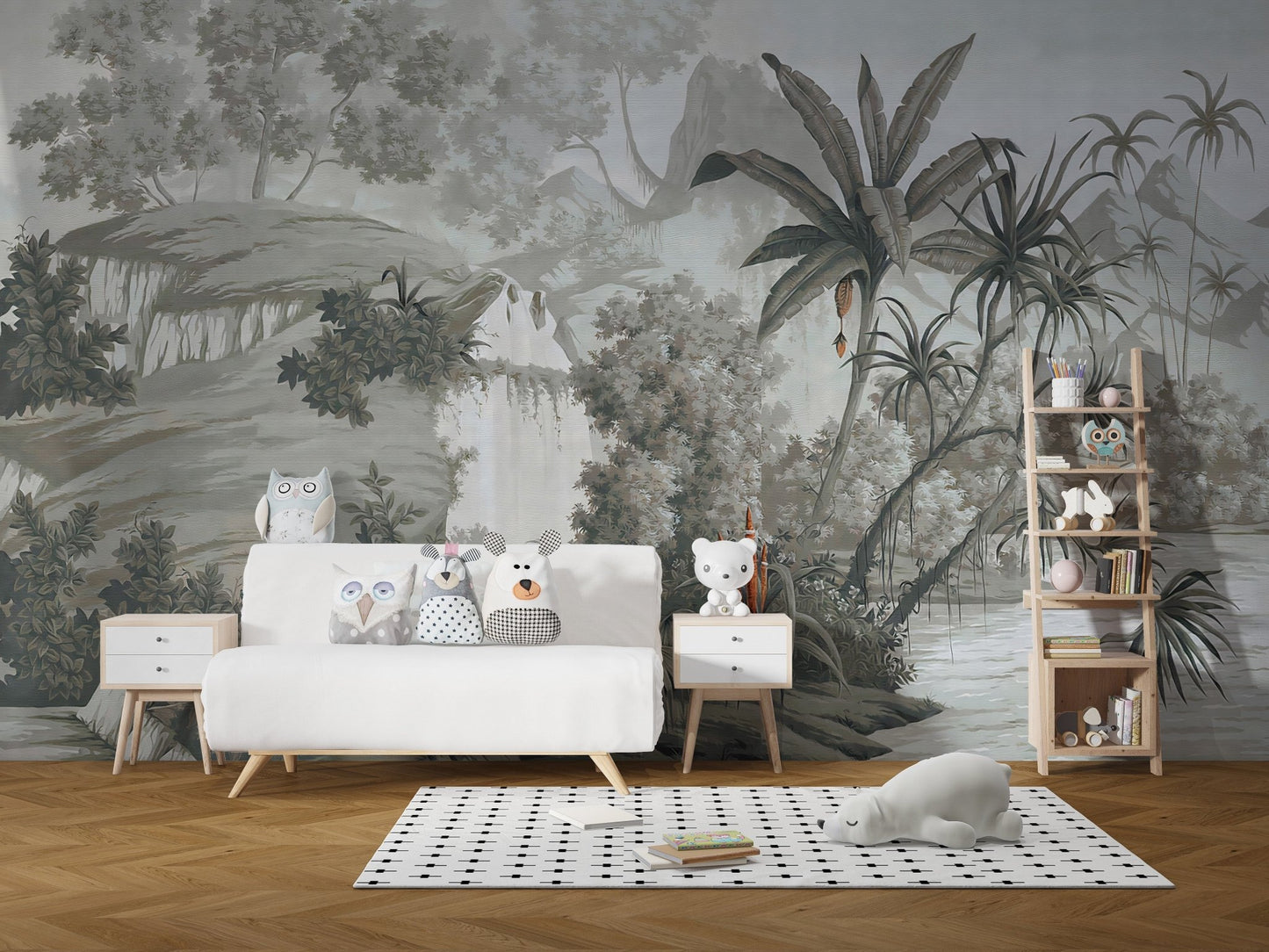 Peaceful woodland mural for modern kids space.
