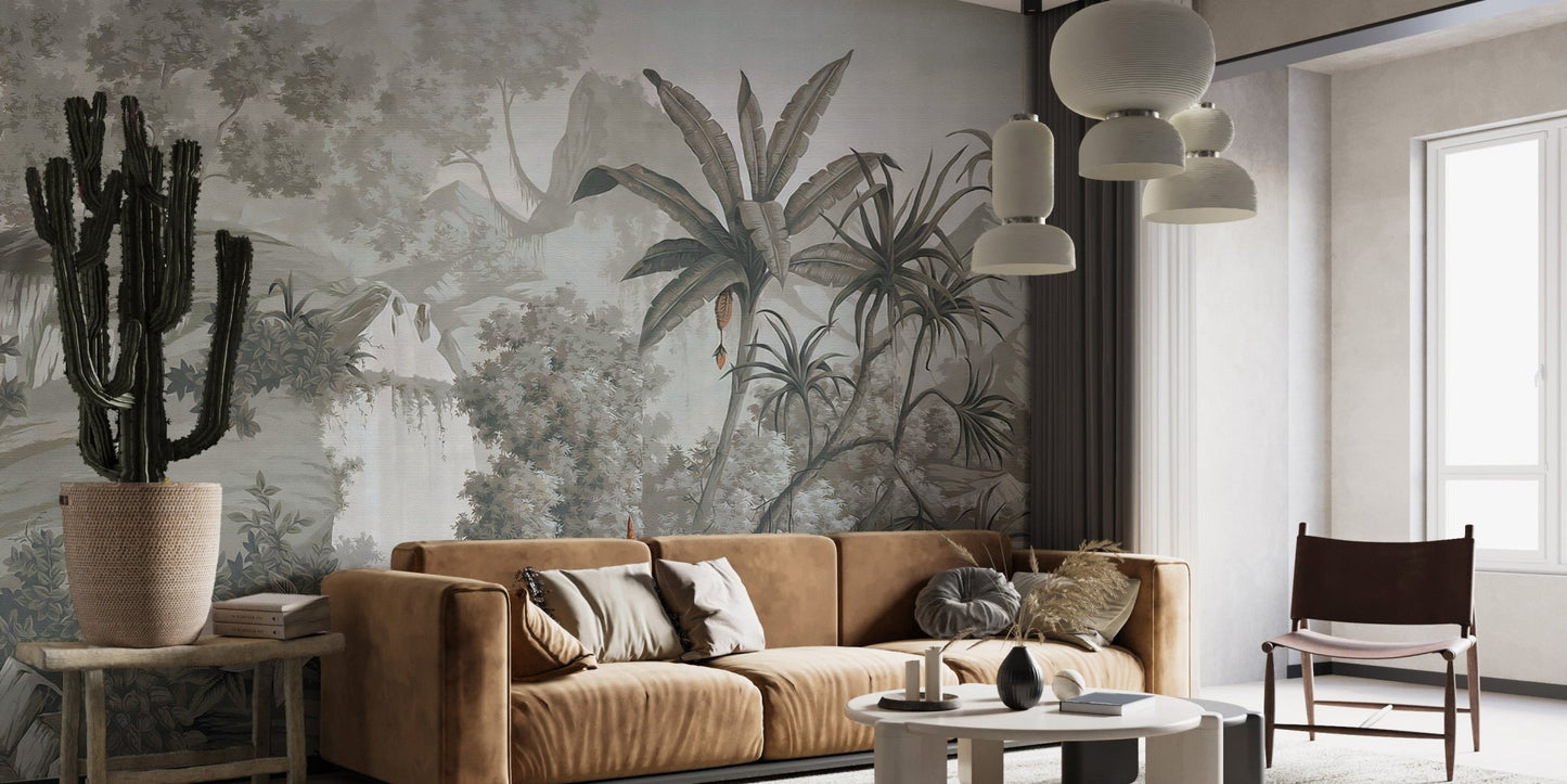 Serene Monotone Woodland Wallcoverings Murals in a brown leather sofa room.