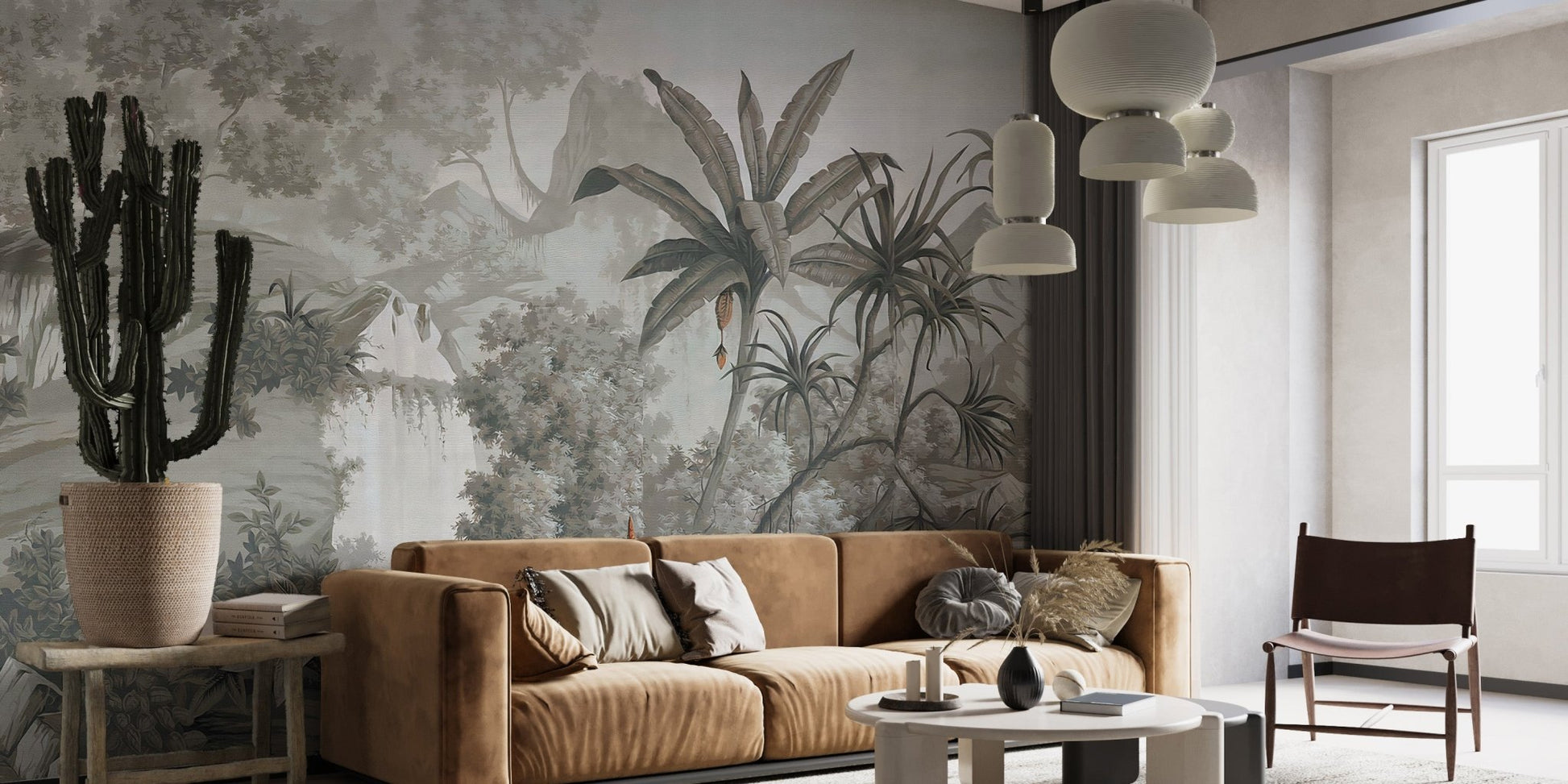 Serene Monotone Woodland Wallcoverings Murals in a brown leather sofa room.