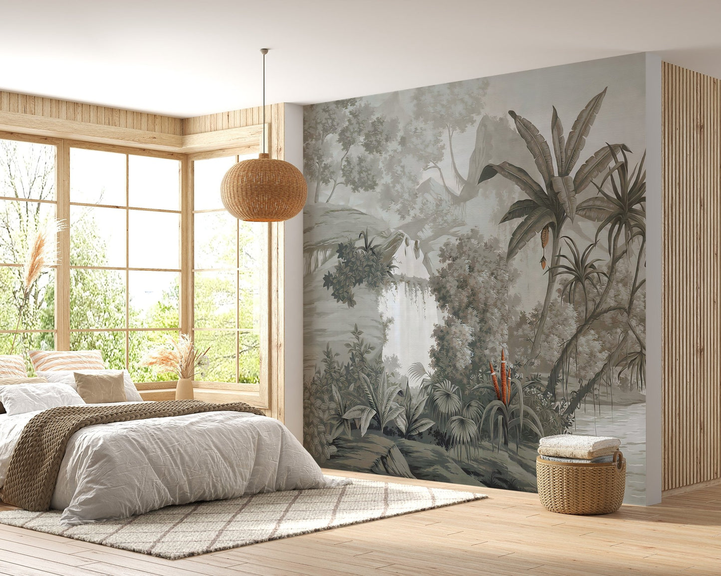 Tropical woodland wall mural behind a bed in a sunlit modern bedroom.