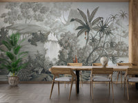Monochrome forest wall mural in a dining room with wooden furniture.
