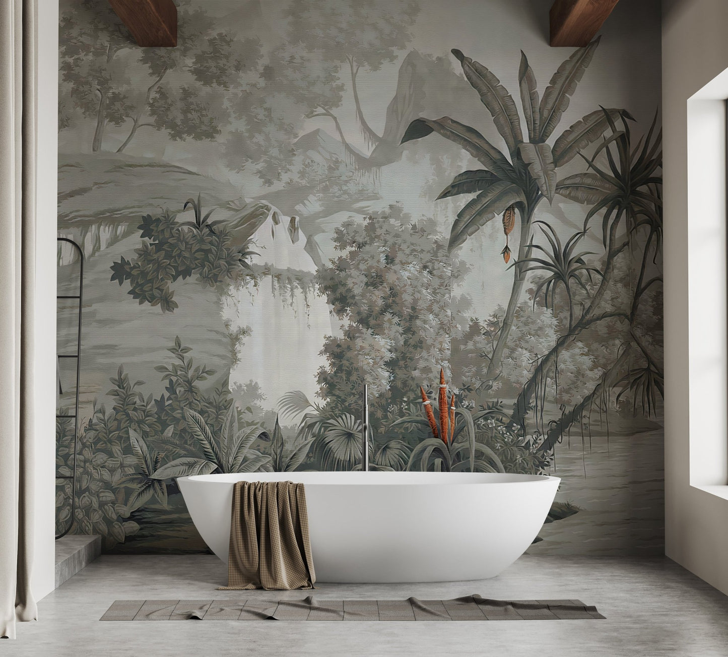 Monotone nature wall mural installed in a minimalist bathroom with a white tub.