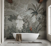 Monotone nature wall mural installed in a minimalist bathroom with a white tub.