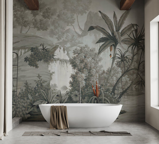 Monotone nature wall mural installed in a minimalist bathroom with a white tub.