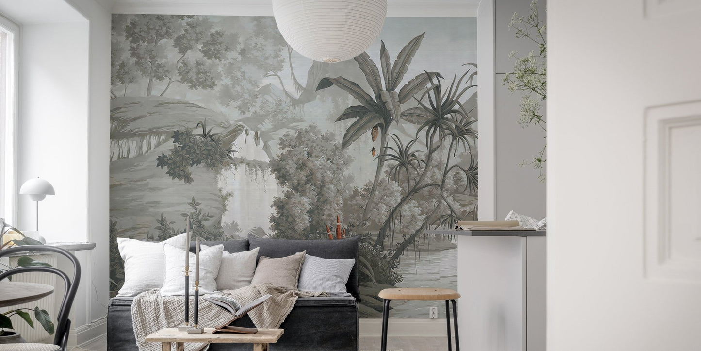 Woodland wallcoverings murals used as a feature wall in a spacious living room.