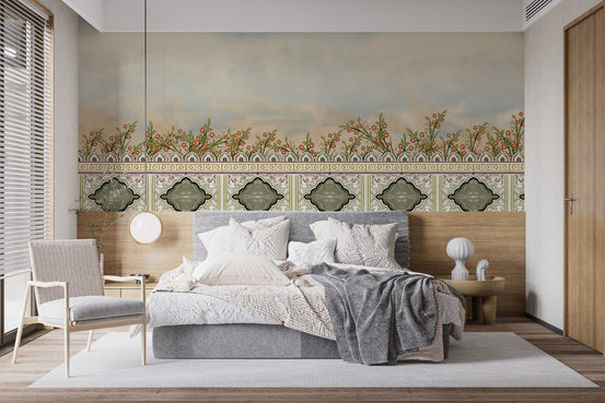 Serene Mughal Garden Divider wall mural in a bedroom with grey bedding and wood paneling.