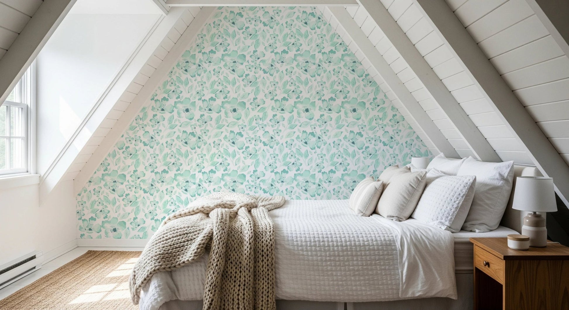 Sloped ceiling bedroom featuring a serene leaf print wallpaper.