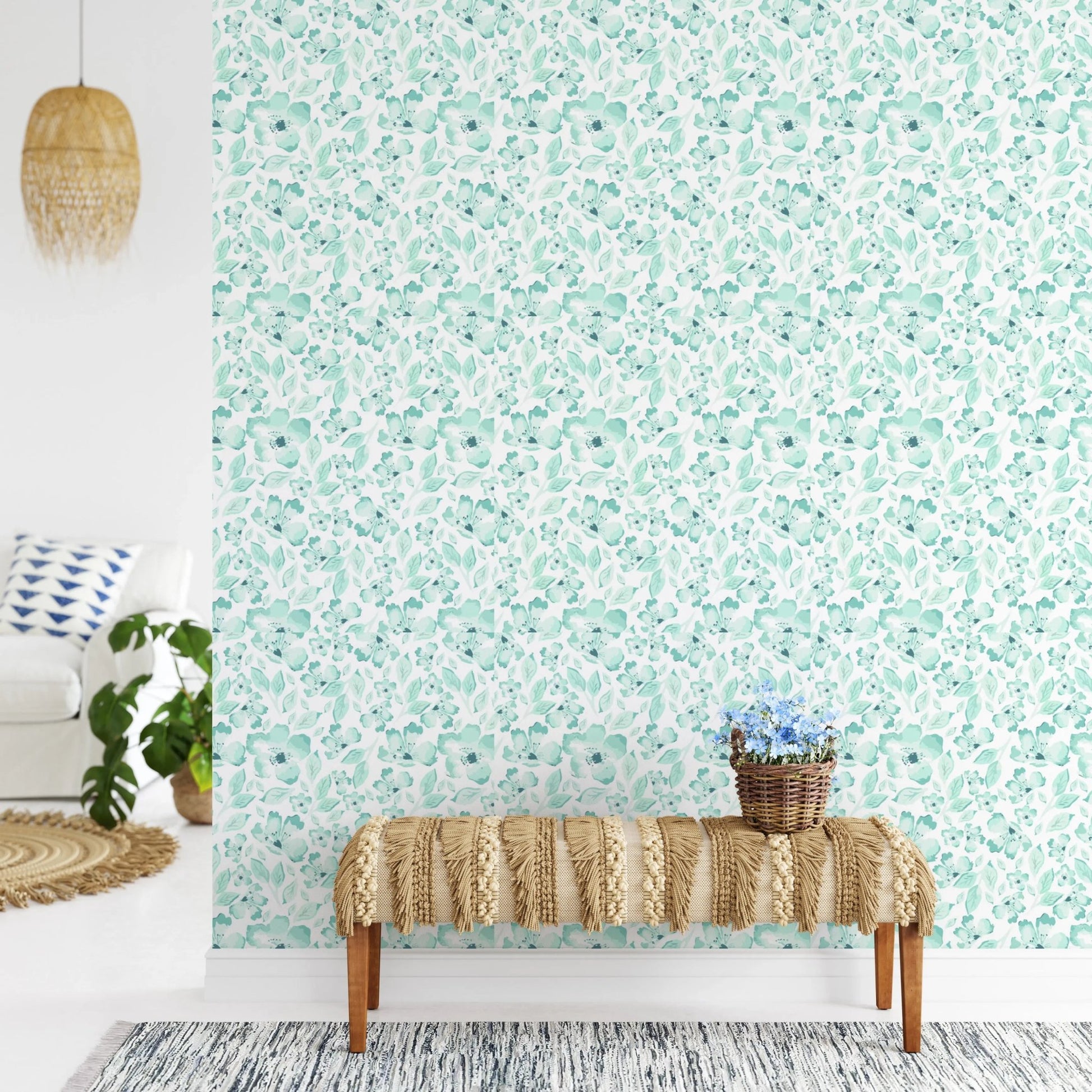Serene floral wallpaper in apartment entryway area.