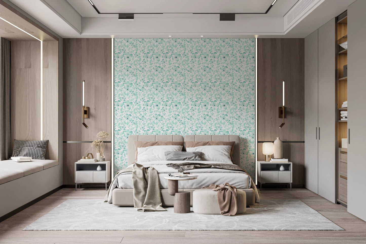 Botanical petals wallpaper as a bedroom feature wall.
