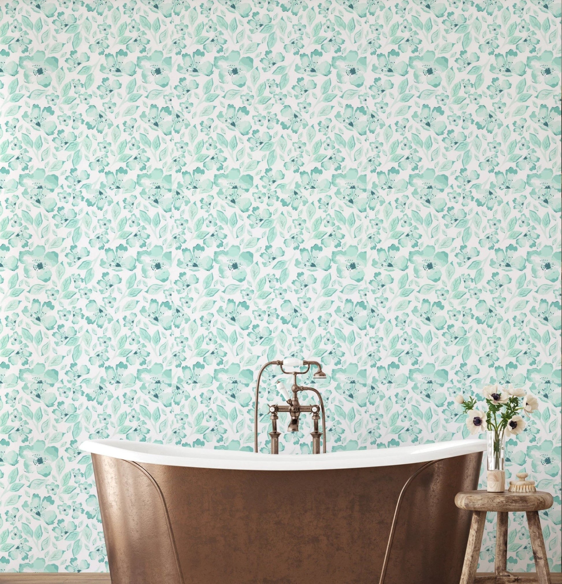 Serene Petals Wallpaper in bathroom as backdrop.
