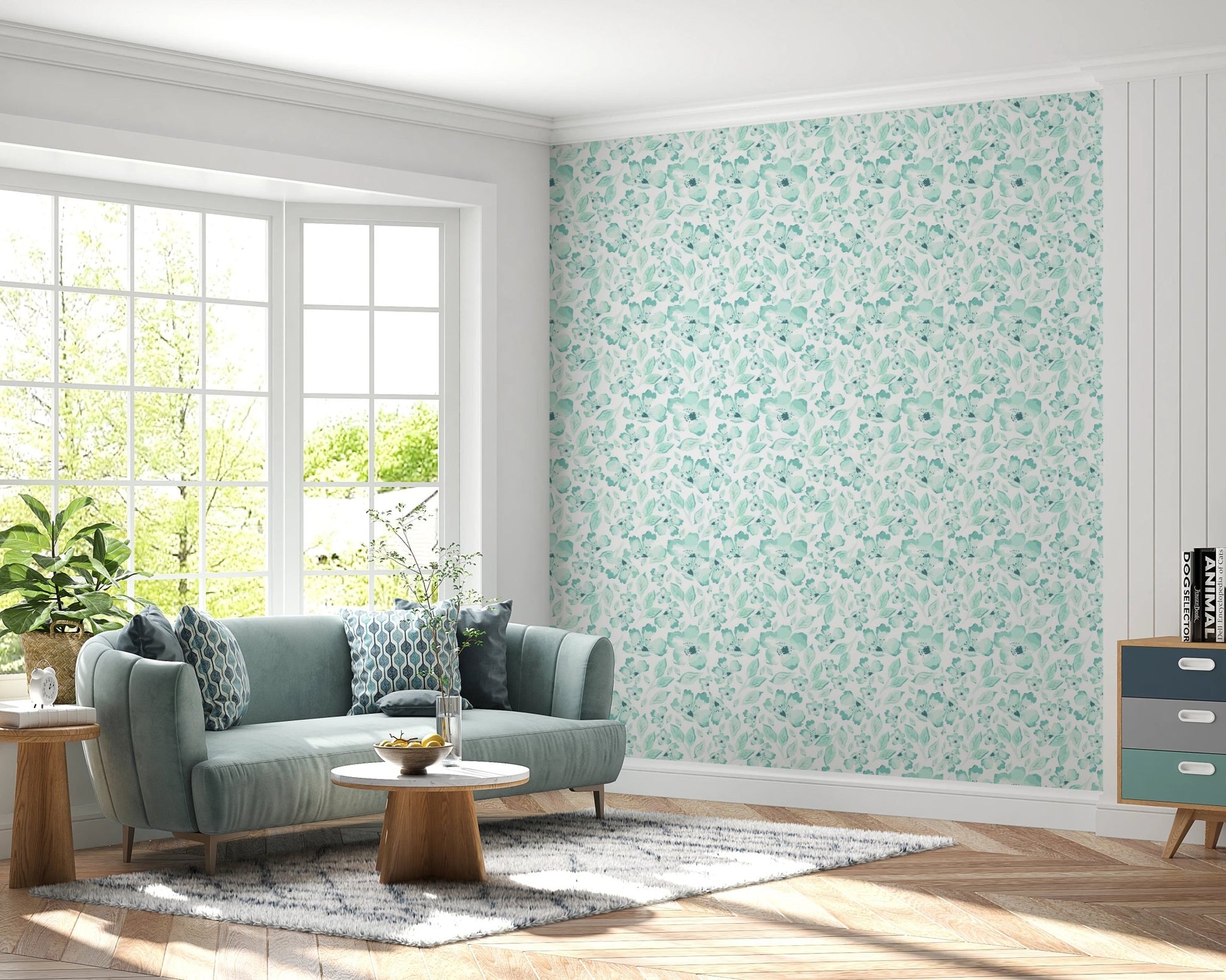 Light green petal wallpaper in a bright living room.