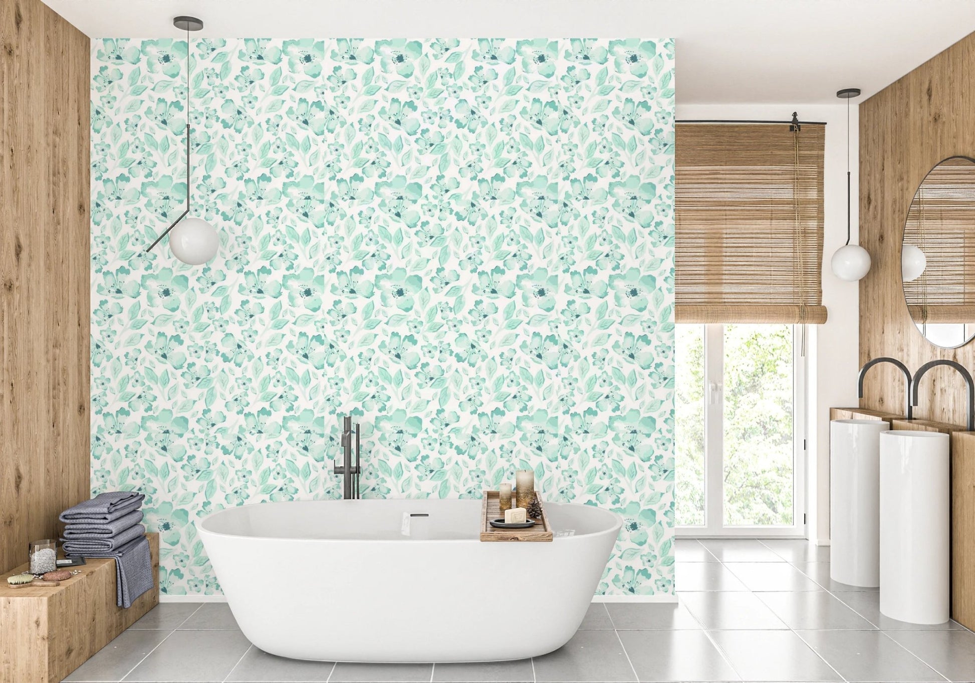 Serene petals wallpaper in a white bathroom.