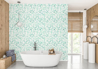 Serene petals wallpaper in a white bathroom.