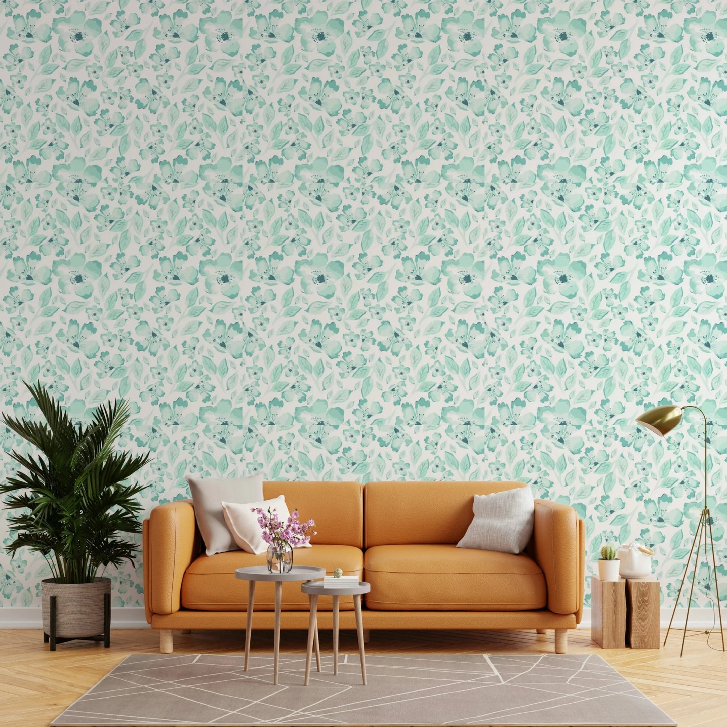 Mint green petals wallpaper in a modern living.