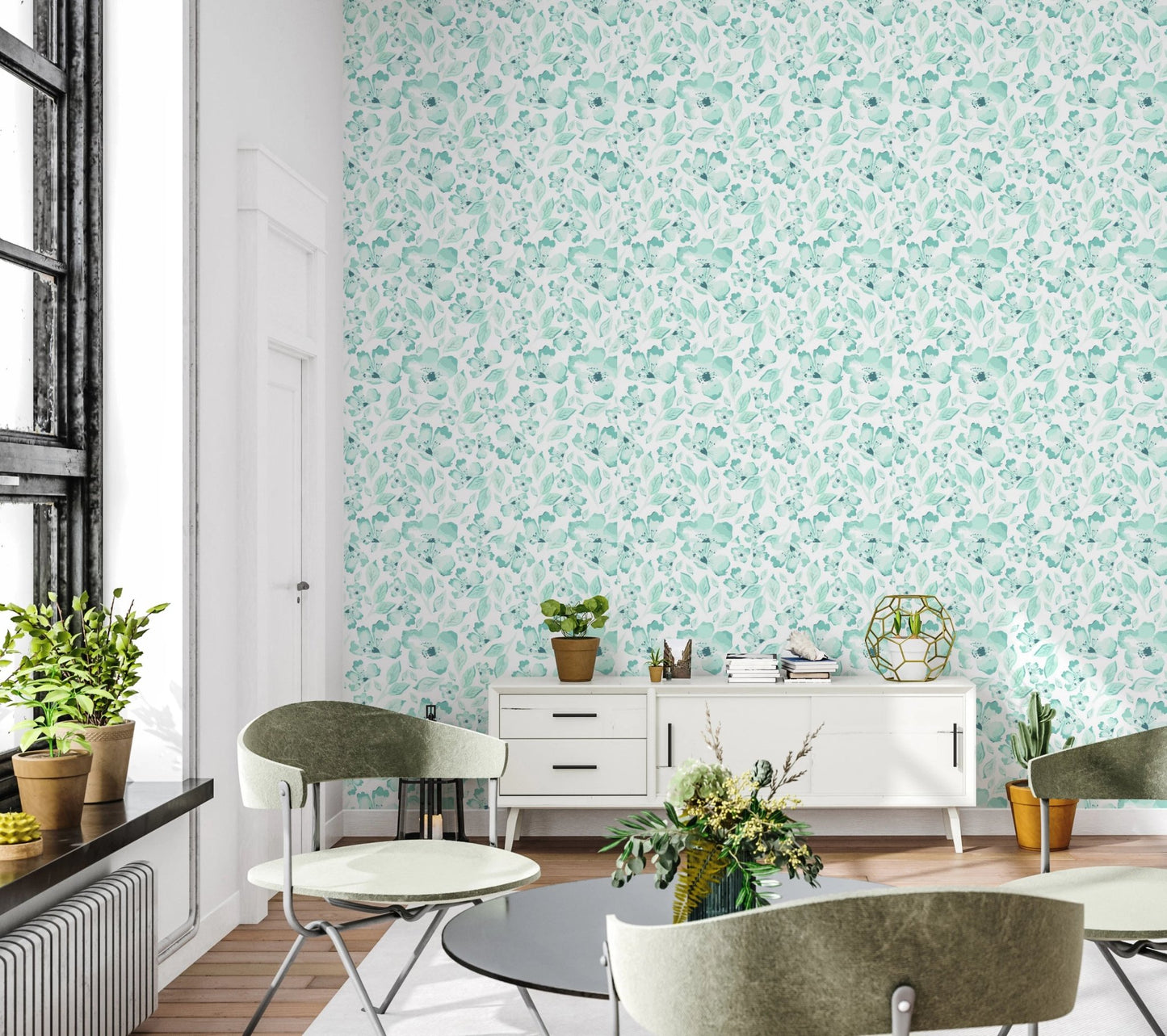 Teal petals wallpaper in a white dining room.