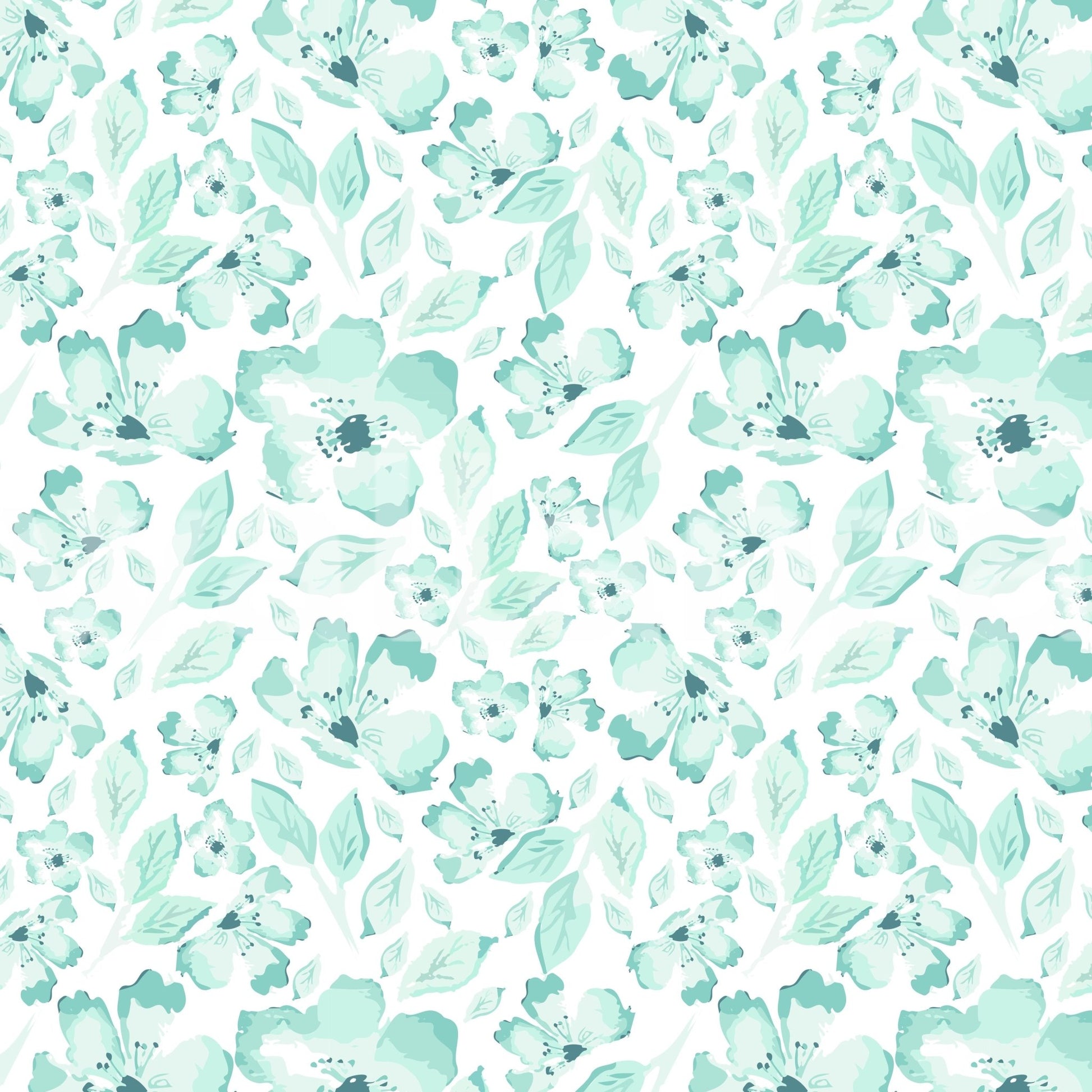 Serene Petals Wallpaper swatch showing teal and mint watercolor flowers.