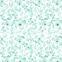 Serene Petals Wallpaper swatch showing teal and mint watercolor flowers.