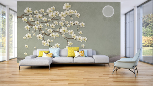 Serene sakura blossom wallpaper featuring white flowers on a sage green background.