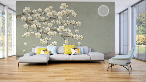 Serene sakura blossom wallpaper featuring white flowers on a sage green background.