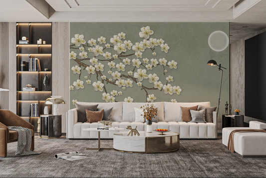 Artistic floral wall mural with cherry blossom branches and a soft glowing sun.