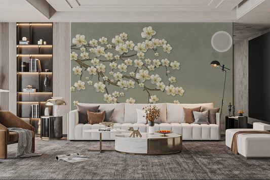 Artistic floral wall mural with cherry blossom branches and a soft glowing sun.