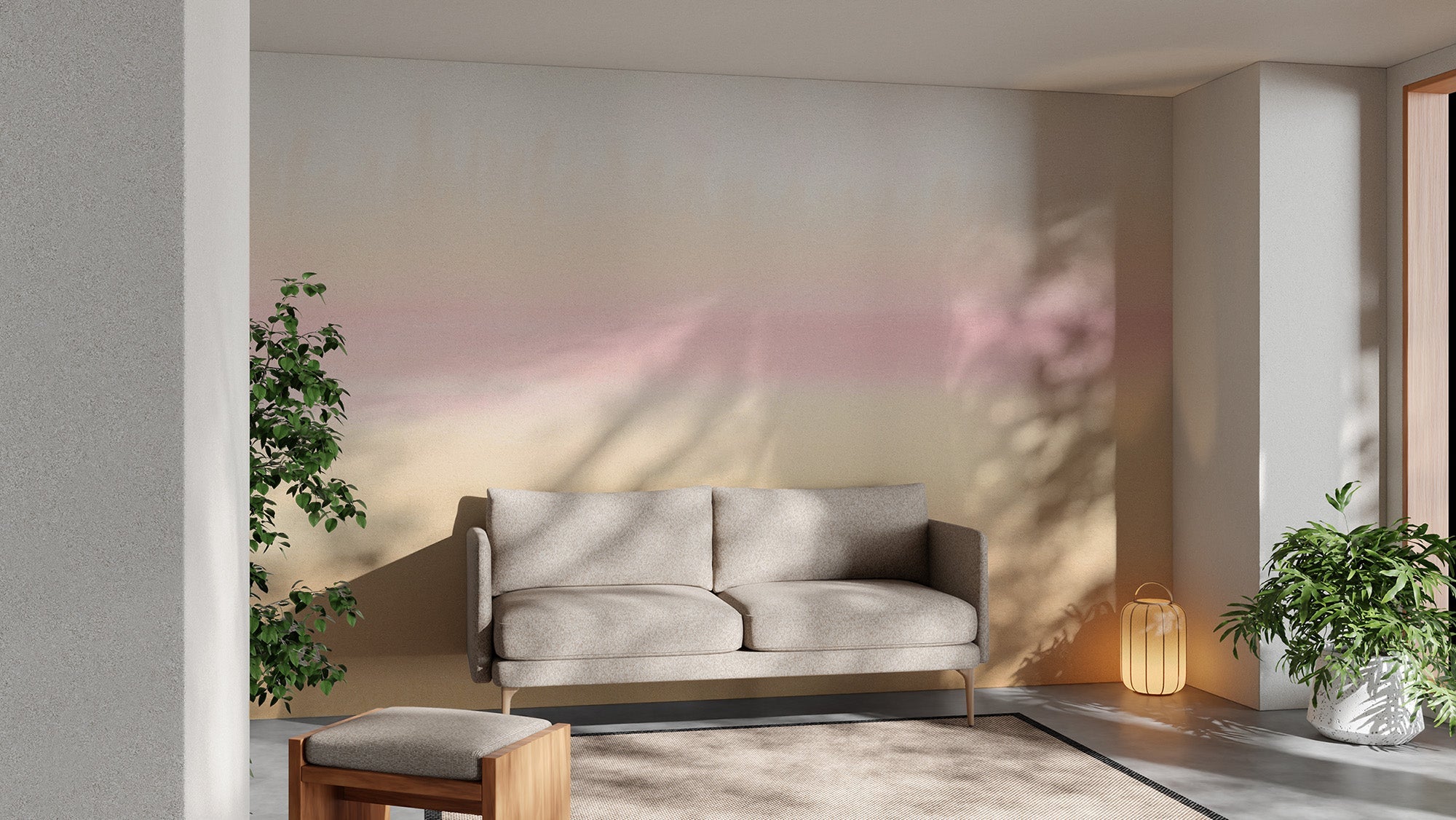 Serene sunset ombre wallpaper mural with peach and gold watercolor tones.