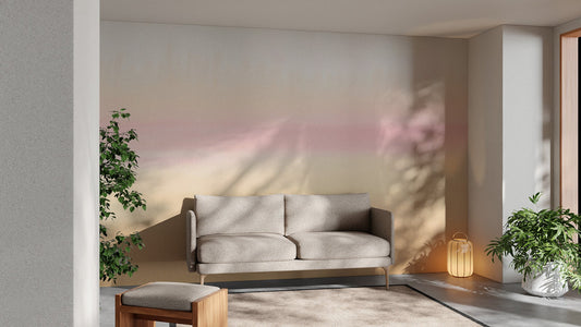 Serene sunset ombre wallpaper mural with peach and gold watercolor tones.