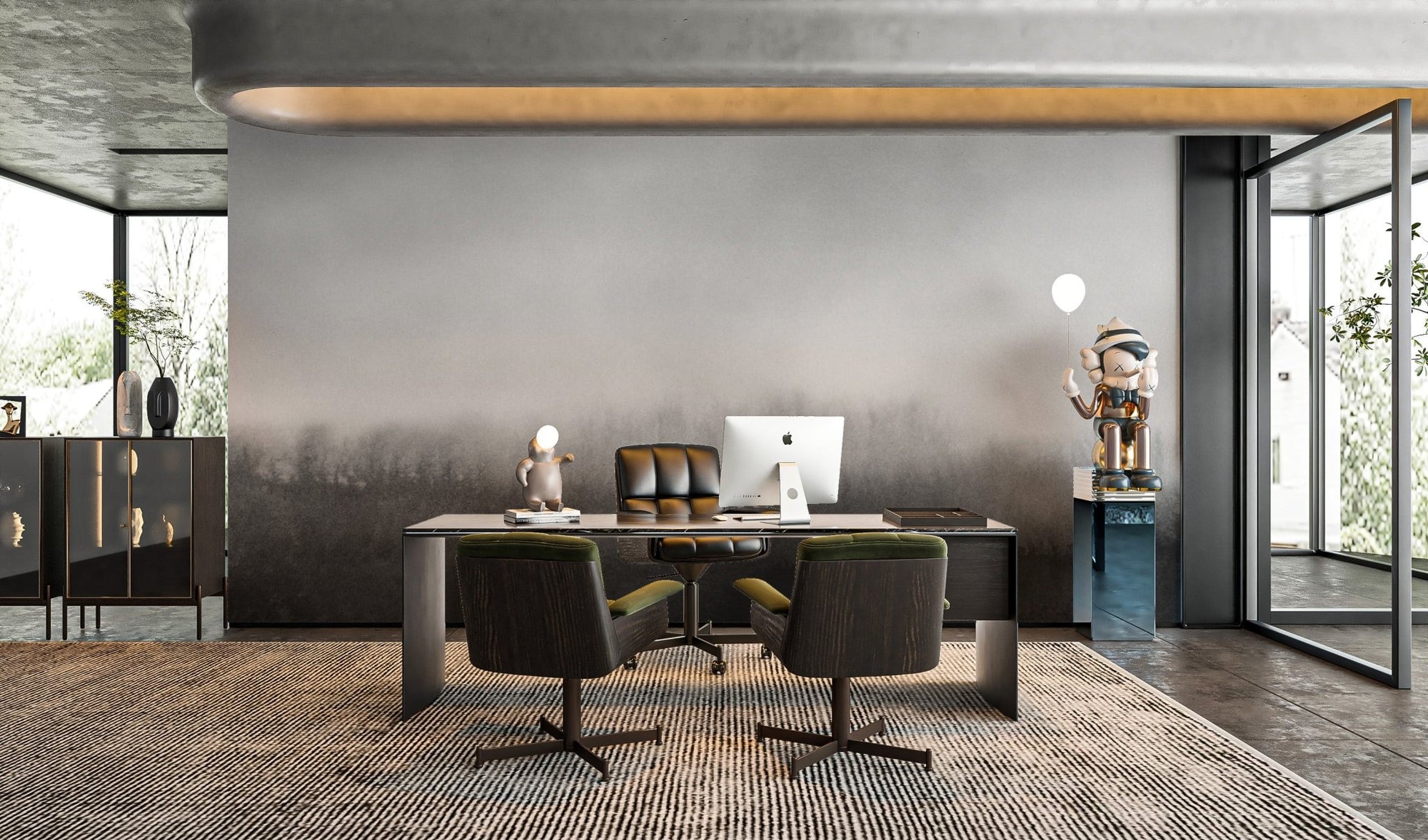 Serene mural featuring a foggy tree line design for office background.