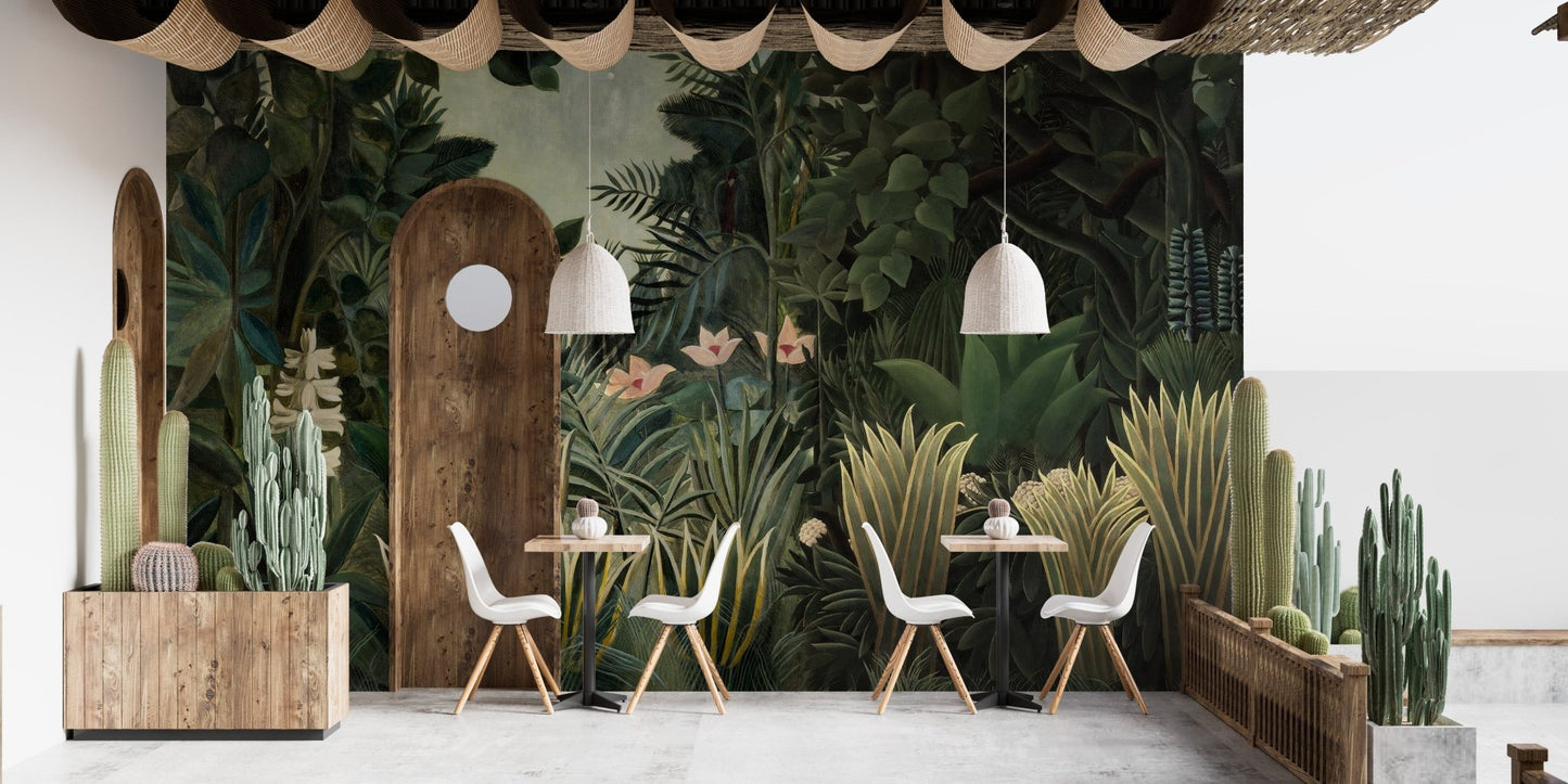 Serene Tropical Forest Wall Mural in a cafe with white chairs.