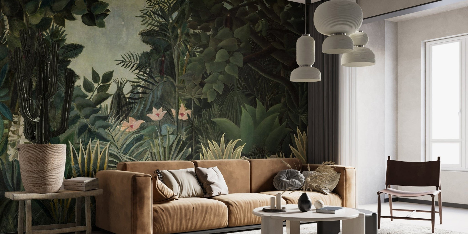 Botanical forest wall mural in a living area with a leather couch and indoor plants.