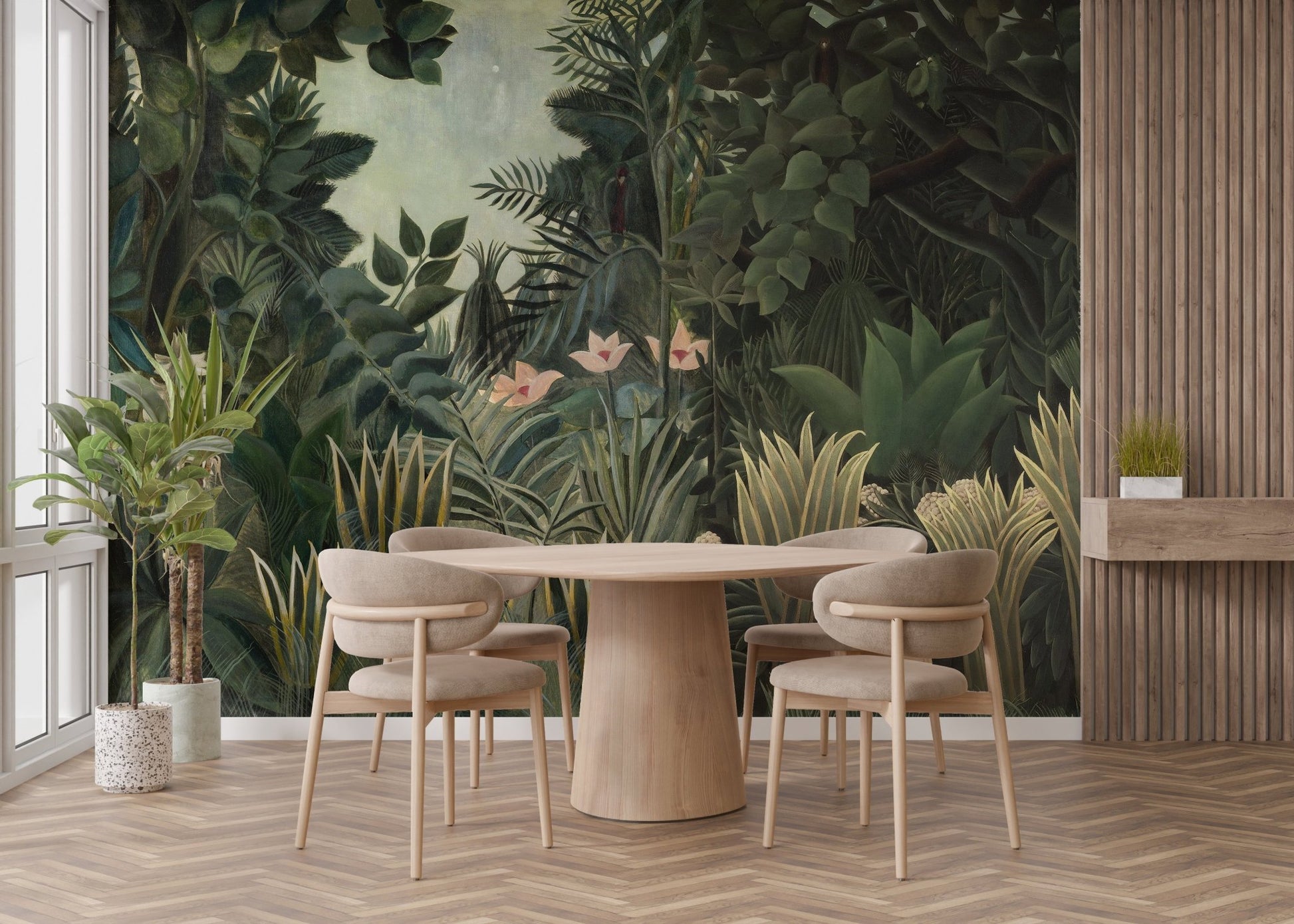 Dark botanical forest wall mural behind a round wooden table and chairs in dining room.