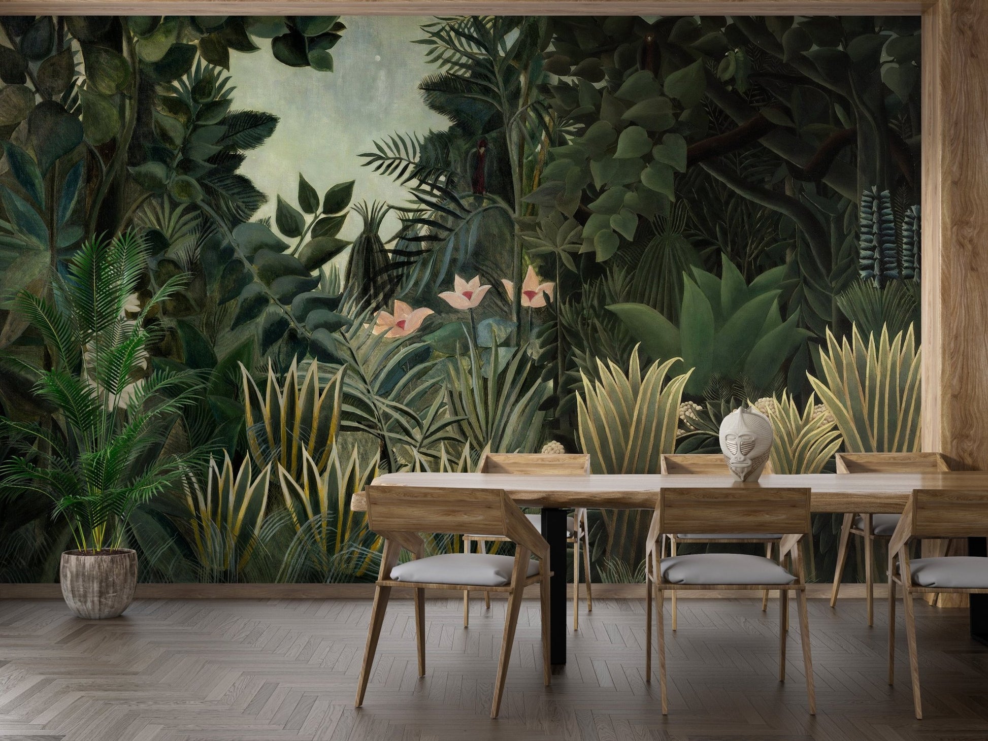Large forest pattern wall mural behind a wooden dining set and floor plants.