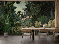 Large forest pattern wall mural behind a wooden dining set and floor plants.