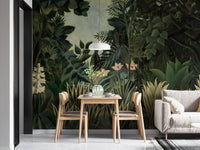Tropical forest wall mural behind a wooden dining table and white lamp.