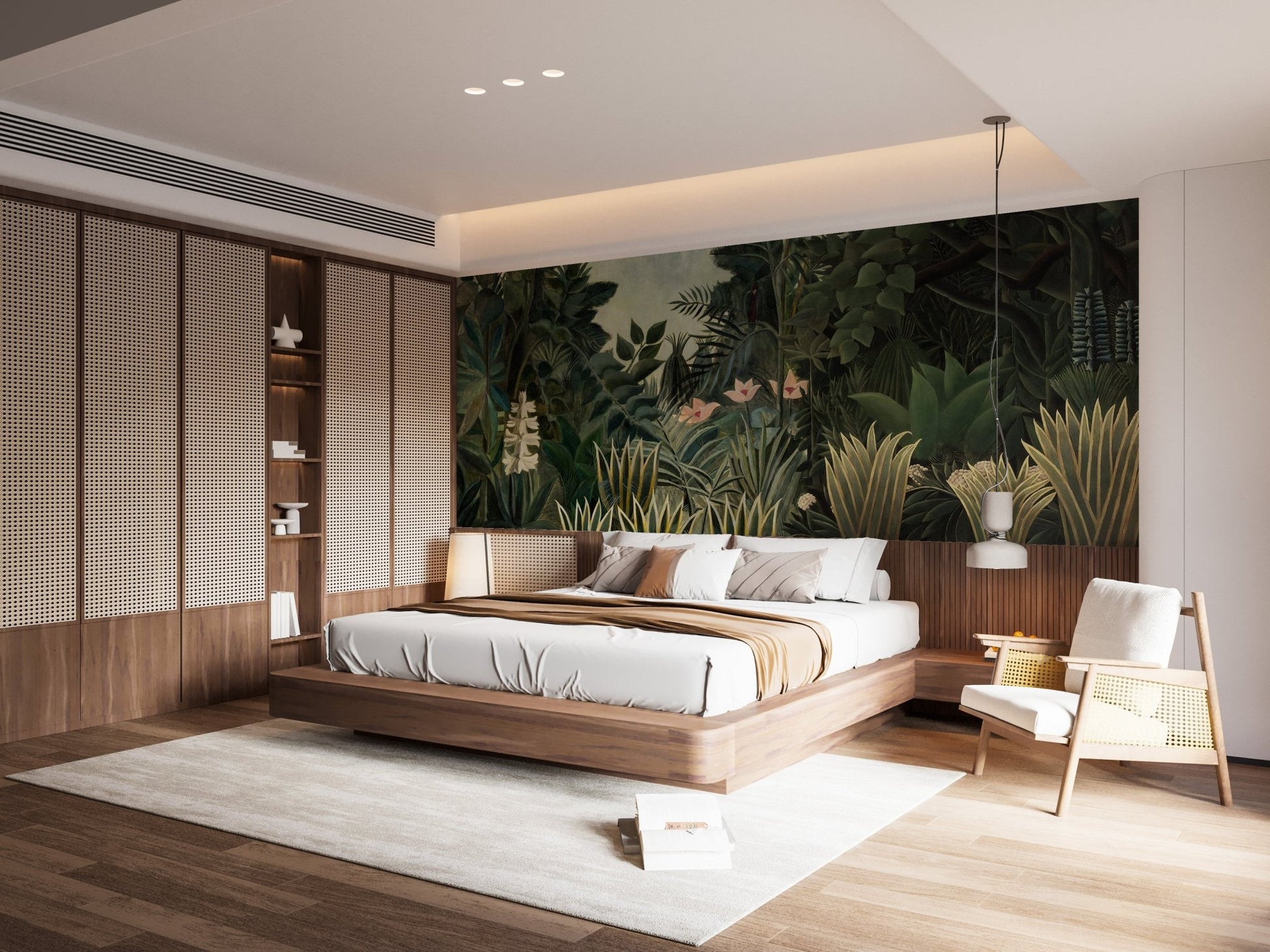 Serene Tropical Forest Wall Mural in a bedroom with wood panelling.