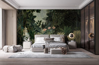 Serene Tropical Forest Wall Mural in a minimalist room with a rug.