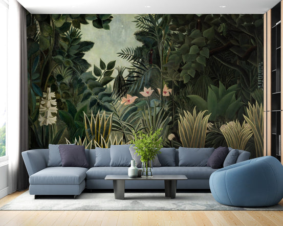 Serene Tropical Forest Wall Murals in a living space with a blue sofa.