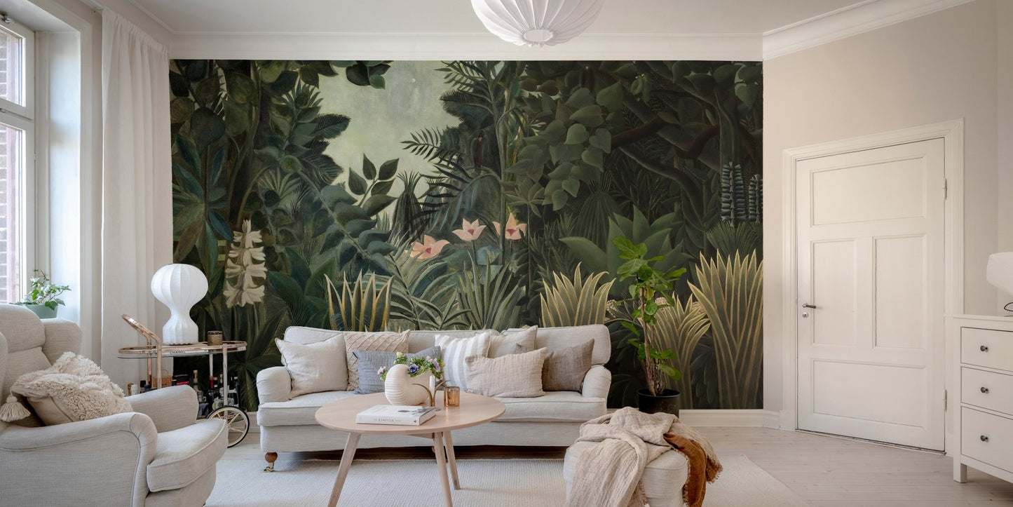 Dark green forest wall mural behind a cream sofa in a lit living area.